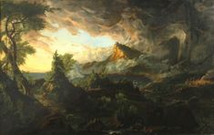 a painting with mountains in the background and clouds above it, as well as trees