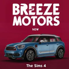 a blue mini cooper parked in front of a red background with the words breeze motors