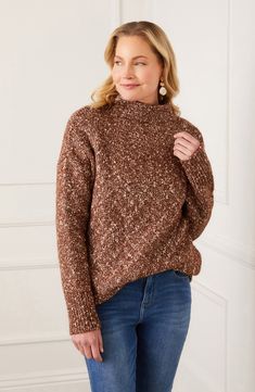 A staple you'll reach for on repeat, this slightly oversized sweater knit from marled yarns has slouchy dropped shoulders and a sleek funnel neckline. 23 1/2" length (size Medium) Funnel neck Long sleeves 41% acrylic, 35% cotton, 11% polyester, 11% nylon, 2% spandex Dry clean Imported Knit Sweater With Funnel Neck For Fall, Brown Cable Knit Turtleneck For Fall, Chunky Knit Funnel Neck Sweater For Fall, Fall Chunky Knit Funnel Neck Sweater, Textured Knit Turtleneck For Fall, Oversized Textured Knit Turtleneck For Fall, Oversized Cable Knit Turtleneck For Fall, Brown Funnel Neck Turtleneck For Fall, Textured Knit Turtleneck With Funnel Neck