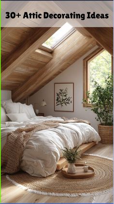 an attic bedroom decorated in white and wood