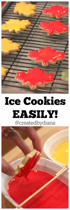 an image of ice cookies being made with red and yellow icing on a grill