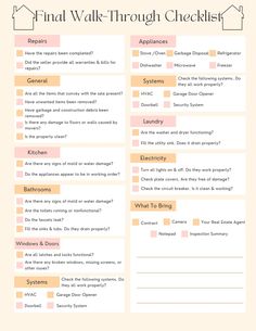 the final walk through checklist is shown in pink and orange colors, with an image of
