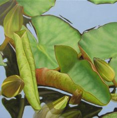 a painting of water lilies and green leaves