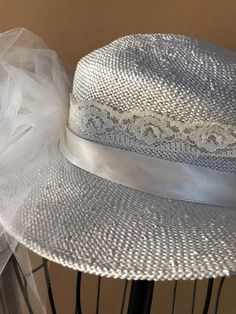 21 diameter Full brim straw & full over the face toile netting veil 2 1/2 in Cotton trim ribbon w bow - lace accent Designer - Importina Summer Wedding Fitted Veil, Spring Wedding Fedora Costume Hat, Summer Wedding Fedora Mini Hat, Adjustable Fedora Straw Hat For Wedding, Vintage Wide Brim Sun Hat For Wedding, Brimmed Wedding Hats For Summer, Summer Wedding Fedora Straw Hat, Royal Ascot Fedora Straw Hat For Wedding, Wedding Fedora Straw Hat For Royal Ascot