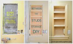 three different pictures with the words between the studs and storage diy on them