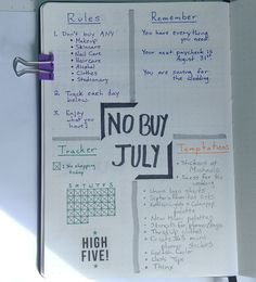 a notebook with writing on it that says, no buy july and high five rules