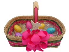 a basket filled with easter eggs and a pink ribbon tied around the handle, on top of a white background