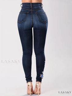 Lasaky - Womens Elegant Blue Floral Embroidery Skinny Jeans with Zipper Button Closure and Medium Stretch - Denim Pants & Clothing Collection Stretch Denim Pants, Women Denim Jeans, Casual Fits, Pants Outfit, Jean Outfits, Denim Pants, Jeans Pants, Floral Embroidery, Denim Women