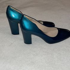 Never Worn! Blue Heels For Workwear In Fall, Blue Patent Leather Heels For Work, Blue Low Heels With Stacked Heel, Trendy Blue Low Heel Shoes, Trendy Blue Low Heel Heels, Elegant Blue Heels For Fall, Blue Patent Leather Heels With Reinforced Heel, Casual Patent Leather Heels With Almond Toe, Chic Blue Court Shoes With Round Toe