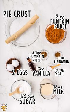 ingredients to make pumpkin pie on a white marble counter top with text overlay that says how to make pumpkin pie crust