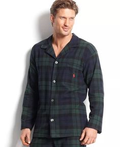 Featuring a classic plaid pattern, this soft flannel pajama top is a comfy essential. Notched lapels with contrast piping Applied buttoned placket with contrast piping Long sleeves with sewn cuffs Even-sewn hem Vendor style P83657 Imported Polo Ralph Lauren men's pajama top Patch pocket at the left chest is accented by contrast piping and Ralph Lauren's signature embroidered pony Materials & Care Machine wash Pajama Shirt Pattern, Mens Flannel Pajamas, Mens Plaid Flannel, Mens Flannel, Flannel Pajamas, Mens Plaid, Mens Pajamas, Pajama Top, Green Plaid