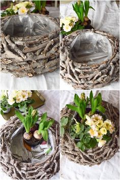 four pictures show how to make a bird's nest planter with twigs and flowers