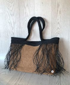 Crochet Raffia Tote Bag, Straw Black Fringed Beach Bag, Large Shoulder Bag, Boho Woven Bag - Etsy Summer Tote Bag Fashion Accessory, Summer Black Shoulder Bag With Handles, Rectangular Woven Straw Bag, Vacation Crochet Bag With Removable Pouch And Top Handle, Crochet Top Handle Bag With Removable Pouch For Vacation, Black Summer Bags With Handles, Rectangular Bag With Leather Handles For Fashion, Woven Bags As Fashion Accessories For Summer, Woven Pouch Beach Bag For Shopping