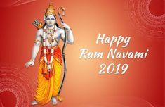 happy ram navami greeting card with lord hanshratri on red background