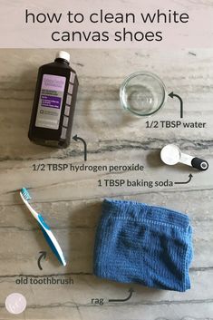 the instructions for how to clean white canvas shoes with toothbrushes and other items