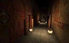 a dimly lit hallway with several lamps and rugs on the walls, in an old - fashioned setting