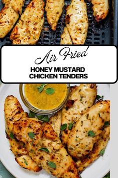 grilled honey mustard chicken tenders on a white plate with a small bowl of dipping sauce