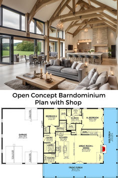 Barndo plans with shop, barndominium plans, house plans, barndominium living room One Floor Barndominium Plans, Open Living Floor Plan, Barndominium Ideas Small Floor Plans, 4bedroom Barndominium Plans, Barndominium Style Homes, Cathedral Ceiling Open Floor Plan, Barndominium Ideas Open Concept, House Plans With Cathedral Ceilings, Barndo Open Floor Plans