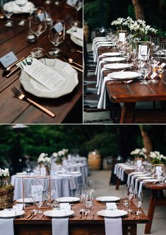 the table is set with white flowers and place settings