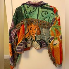 I Absolutely Love This Jacket, But I Never Find Myself Grabbing It. I Hope Someone Can Give It The Life It Deserves! Fits Like A Medium. Envelope Pockets On The Front And Fringe Sleeves And Backing. Fringe Sleeves, Amazing Closets, Blanket Jacket, Style Box, Bomber Jackets, Save The Planet, Lady In Red, Red Green, Bomber Jacket