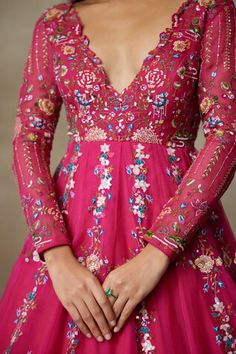 Pink can can attached anarkali featuring resham dabka embroidered floral and lotus motifs, highlighted by sequin bead embellishments. - Aza Fashions Anarkali Patterns, Lotus Motifs, Floral Anarkali, Jayanti Reddy, Rohit Bal, Women Kurta, Anarkali Kurta, Tarun Tahiliani, Can Can