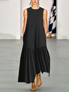 Casual Black Sleeveless Maxi Dress, Black Sleeveless Solid Midi Dress, Black A-line Casual Maxi Dress, Casual Black A-line Maxi Dress, Black A-line Maxi Dress Casual Style, Black A-line Maxi Dress For Beach, Black Sleeveless Dress With Asymmetrical Hem For Spring, Black Sleeveless Summer Dress With Asymmetrical Hem, Summer Sleeveless Black Dress With Asymmetrical Hem