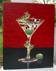 frog martini Martini Glass Painting, Martini Art Paintings, Dirty Martini Painting, Perfect Martini Painting, Girl In Martini Glass Art, Martini Glass, Glass Painting, Martini, Wine Glass