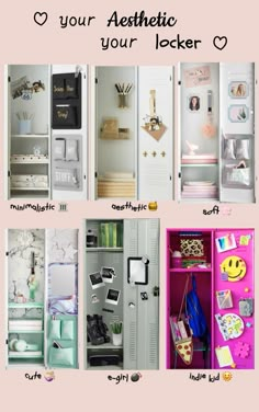 an assortment of different types of lockers with the words your aesthetic on each door