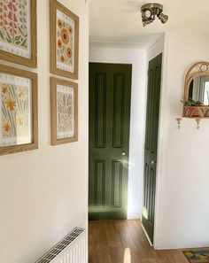 green painted accent door Green Baseboards And Trim, Dark Green Interior Doors, Colorful Interior Doors, Painting Inside Of Front Door, Paint Inside Of Front Door, Colored Doors Interior, Inside Of Front Door, Paint Doors Interior, Frenchic Paint Colours