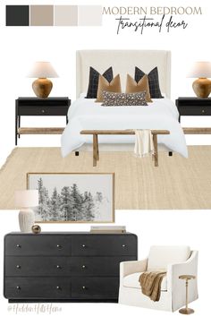 a bedroom is shown with neutrals and black accents, including a bed, dresser, chair