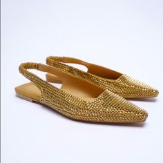 New Zara Sparkly Studded Slingback Flats, Pointed Toe, Flexible Latex Foam Insole Designed To Offer Increased Comfort. Size - 36 (6) Color - Gold/ Natural Materials: Upper - Poly/ Polyurethane Lining - Polyurethane Sole - Polyurethane Thermoplastic Insole - Polyurethane/ Poly Chic Gold Flat Slingback Sandals, Gold Slingback Pumps For Summer, Summer Evening Slip-on Slingback Pumps, Chic Gold Flat Heel Slingback Pumps, Chic Gold Slingback Pumps With Flat Heel, Gold Flat Slingback Sandals For Spring, Chic Gold Slingback Sandals With Flat Heel, Gold Flat Heel Slingback Pumps For Party, Gold Flat Heel Slingback Pumps For Evening