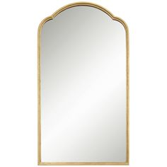 an arched mirror with gold trimmings and a wooden frame on the bottom half