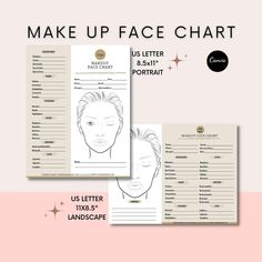 the make up face chart is shown on top of a pink background