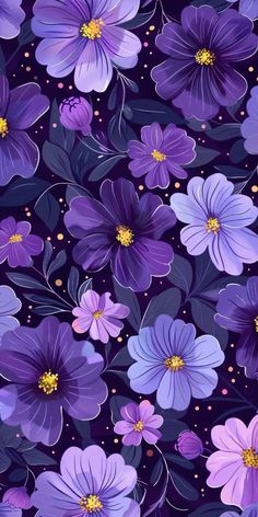 purple and blue flowers with gold dots on the bottom are all in an abstract pattern