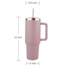 a pink cup with a straw inside and measurements for the handle on it's side