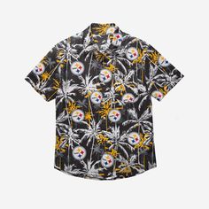 Floral is the new black. The Pittsburgh Steelers Black Floral Button Up Shirt may feature a dark look, but there will be nothing stealthy about your outfit with style this bold. Features All-over black design with repeat team logo display, in case there were any doubts where your allegiances lie Team-colored palm tree accents throughout for some tropical goodness Button-up structure so you can button-up and party down Left chest pocket to help you carry your phone, pen, or a little extra team sp Tropical Button Up Shirt, Phone Pen, Floral Button Up Shirt, Nfl Teams Logos, Logo Floral, Dark Look, Logo Display, Floral Button Up, Pittsburgh Steelers