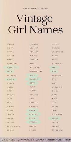 the ultimate list of vintage girl names in pastel blue and green on a beige background