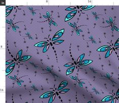 a purple background with blue and black dragonflies on it