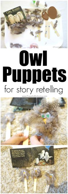 an owl puppet is shown with text overlay that reads owl puppets for story retelling