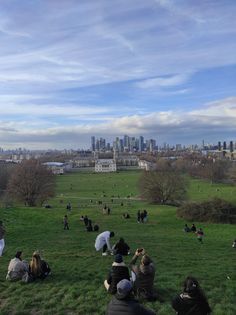 many people are sitting on the grass in front of a cityscape and some buildings