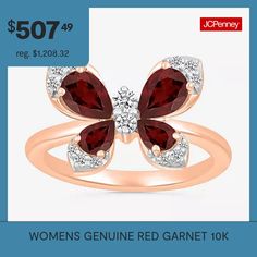 Ring Style: Cocktail RingsSetting: ProngShape: Butterfly, AnimalsStone Cut: PearStone Millimeter Measurement: 6 Mm Length, 4 Mm WidthMetal Color: RoseRing Top Length: 5.8mmRing Top Width: 11.3mmBand Width: 2mmCare: Wipe CleanStone Type: 4 Genuine Garnet, 14 Lab Created SapphireAuthenticity: Genuine StoneBirthstone: January BirthstoneMetal: 10k Rose GoldCountry of Origin: Imported Anniversary Ruby Ring With Diamond Accents, Butterfly Cocktail, Rose Gold Butterfly, 2 Rings, 5 Rings, 7 Rings, Gold Butterfly, Ring Style, Type 4