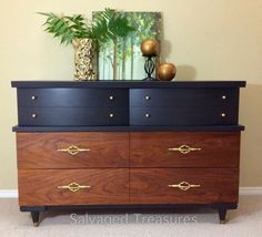 a black and brown dresser with gold handles in a room next to a potted plant