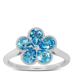 Beaded Blue Topaz and Diamond Flower Band, 14K White Gold Blue Flower-shaped Diamond Jewelry, Blue Topaz Jewelry, Flower Band, Topaz Jewelry, Blue Topaz Stone, Topaz Stone, Diamond Flower, Ring Size Guide, Pear Cut