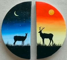 two pieces of art that are painted to look like animals in the grass at night