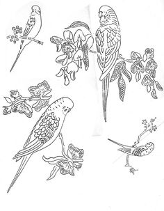 four birds sitting on top of each other next to flowers and leaves in black ink