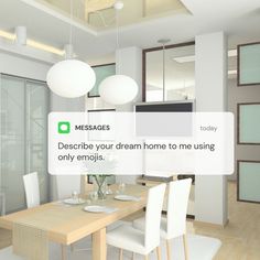 a room with a table, chairs and a tv on the wall that says messages describe your dream home to me using only emojlis