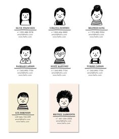 four different types of business cards with children's faces in black and white on them