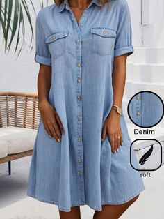 Affordable price buy Denim Dresses on Zolucky, SPU: 294ODE24DC17, Color: Blue, Pattern:Plain, Edition type:Loose. Denim Shirt Dress Women, Shirt Dresses For Women, Denim Short Dresses, Short Sleeve Shirt Women, Cotton Blends Dress, London Dresses, Denim Shirt Dress, Short Dresses Casual, Midi Dress Summer