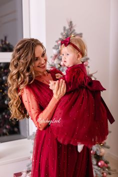 Mommy And Me Christmas Dress, Red Outfit Family Pictures, Mommy Daughter Christmas Photoshoot, Red Truck Christmas Pictures Outfits, Formal Holiday Photoshoot Family, Mom And Daughter Christmas Photoshoot, Xmas Dresses For Women, Red Elegant Dress, Christmas Family Outfits