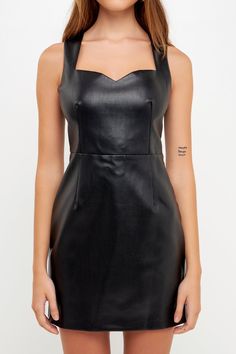 You'll be falling in love with this mini dress. With its sweetheart neckline and bodycon fit, this PU leather mini is sure to make a lasting impression. Sleek and chic, it's perfect for dressing up or down. With its versatile style, this little black dress is a must-have in any fashionista's wardrobe. Pu leather Sweetheart neckline Mini length Fitted bodycon Back zipper Thick shoulder straps Hand wash cold Do not bleach Do not tumble dry Do not dry clean Do not iron Shell: 50% Polyester 45% Poly Leather Mini Dress, Sweetheart Neck, Leather Mini, Mini Black Dress, Falling In Love, Night Out, Little Black Dress, Cocktail Dress, Lab